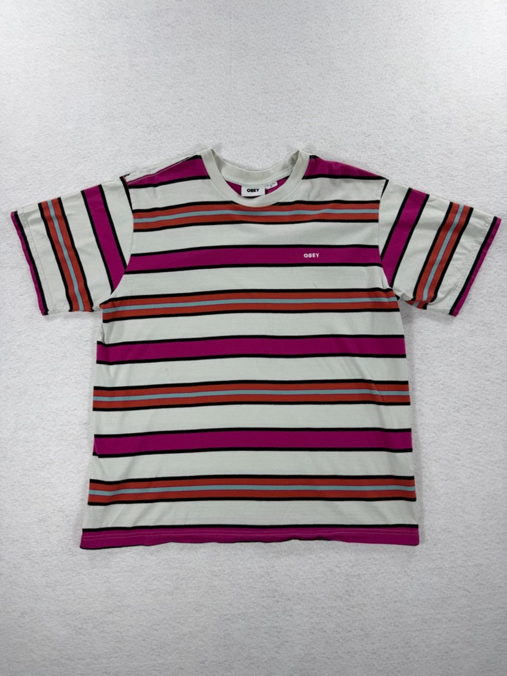 Obey Men's Cream Tee with Magenta & Rust Stripes Sz XL
